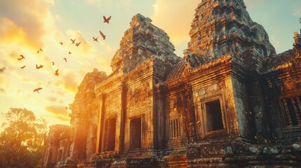 Ancient Angkor Wat temple at sunset with birds flying