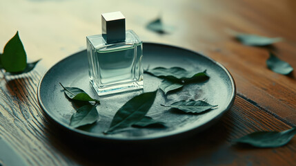 Obraz premium Elegant perfume bottle on dark plate surrounded by green leaves, creating serene and natural atmosphere