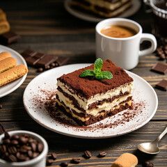 Classic Tiramisu with Cocoa Powder and Mint