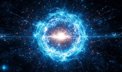 A vibrant, swirling cosmic design featuring an intense core of light surrounded by electric blue energy strands and a dark background.