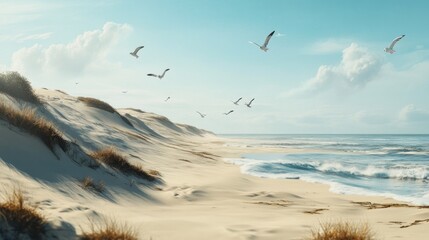 Naklejka premium Idyllic coastal landscape with sand dunes and seagulls soaring high