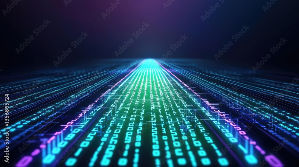 Poster Binary code background with scientific and database matrix concept. Colorful digital data stream representing futuristic technology.