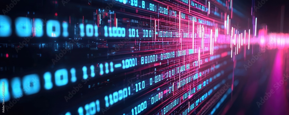 Poster Binary code background with abstract database and light technology concept. Abstract digital data visualization in vibrant colors.