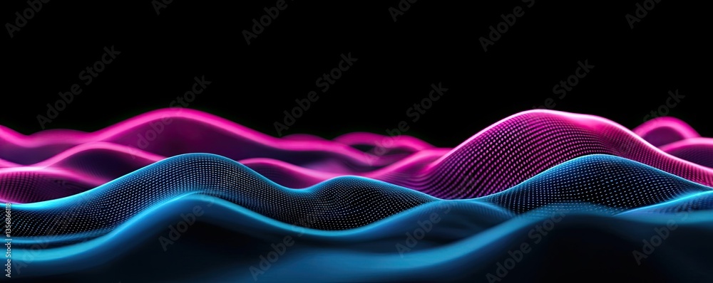 Poster Binary code background in 3D rendering with computer technology concept. Vibrant abstract waves in pink and blue against a black background.
