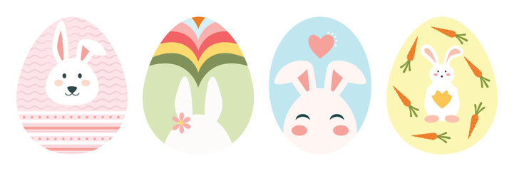 Colorful Easter Egg Collection with Bunnies, Flowers, and Patterns. Flat Illustration Set