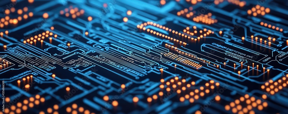 Poster Binary code background with scientific and database matrix concept. Close-up view of a circuit board with glowing connections.