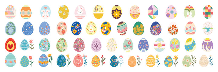 Colorful Easter Egg Collection with Bunnies, Flowers, and Patterns. Flat Illustration Set