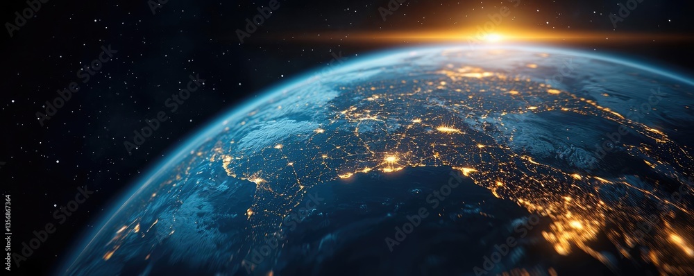 Poster earth at night displaying global finance and future business concept. stunning view of earth illumin