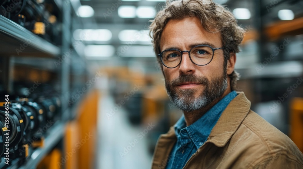Poster a logistics expert inspects inventory in a bustling warehouse, ensuring efficient sorting and fulfil