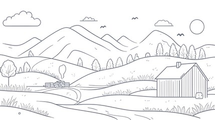 Obraz premium Modern Thin Line Design Style Vector of a Serene Farm Landscape