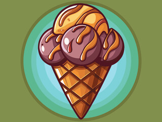 vector of  Chocolate ice cream in a waffle cup. Top view. Free space for your text.