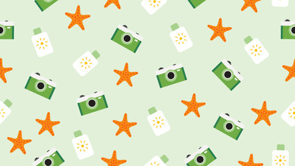 Naklejka premium Summer seamless pattern background. Summer icon illustration pattern. Summer icon background. Perfect for fabrics, textile, wallpaper, and decor
