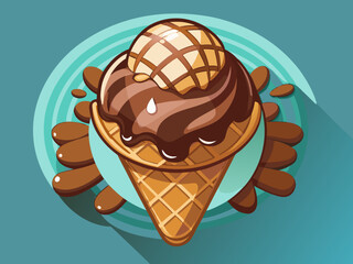 vector of  Chocolate ice cream in a waffle cup. Top view. Free space for your text.
