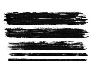 Hand-drawn brush strokes in black ink style, various shapes and thicknesses, isolated on...