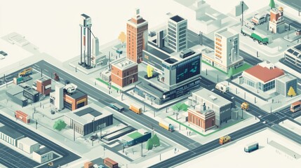 Isometric illustration showcasing a vibrant city with roads and vehicles