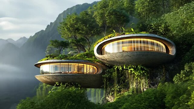 Harmony in the Heights: Modern architecture, seamlessly integrated with nature, showcases two eco-friendly dwellings, perched on a lush hillside, offering panoramic views.