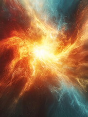 Obraz premium A vibrant cosmic explosion of fiery colors, blending orange, red, and blue, creating a striking visual of energy and motion in a celestial setting.