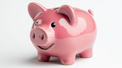 A cute pink piggy bank isolated against a clean white backdrop, soft even lighting enhances its glossy surface and smooth edges. 