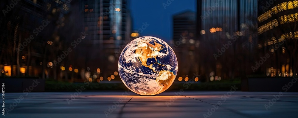 Poster Earth at night displaying global finance and future business concept. An illuminated globe representing our planet during twilight.