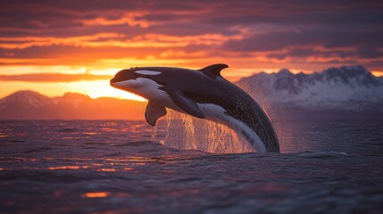 Obraz premium Orca jumps at sunset over water with mountains in background