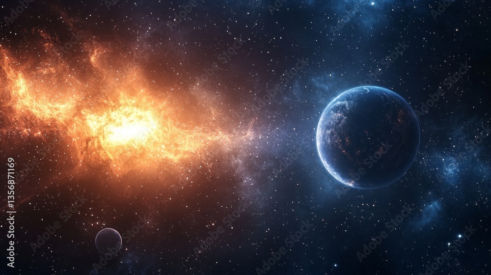 Poster a vivid display of fiery gas clouds illuminates the dark expanse of space, while a serene blue plane