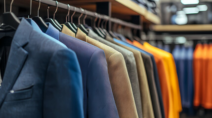 Stylish array of blazers, suits, and jackets, meticulously arranged on hangers. A fashion retailer's display, inviting shoppers to explore a vast array of colors and materials.