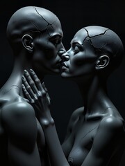 Two cracked sculptures of human figures share an intimate embrace, their faces almost touching in a serene and dramatic display of artistry. AI Generation