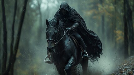 Fototapeta premium A dramatic scene of a hooded rider on horseback racing through a dark, dense forest, the shadows and streaks of light adding intensity to the fast-paced movement 