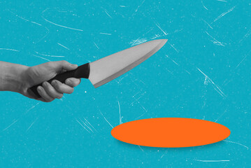 Modern art collage featuring a hand with the knife on blue background with copy space.