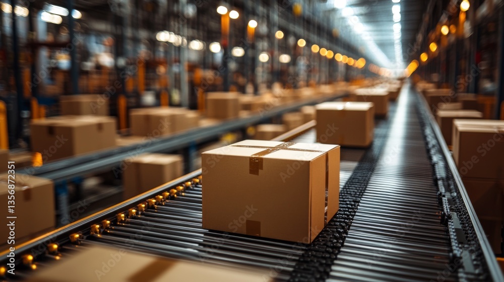 Poster Boxes move along a conveyor belt in a busy logistics hub where sorting and inventory management take place efficiently to fulfill orders on time.