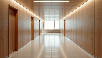 Fototapeta premium Public building corridor with warm atmosphere and wooden walls, featuring large windows and bright lighting