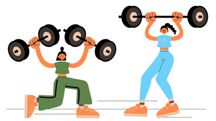 People are exercising at the gym. Woman with dumbbell.Cartoon isolated vector illustration.