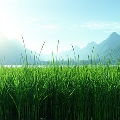 Obraz premium Expansive grassy field with majestic mountains in the background under a clear blue sky and sunshine