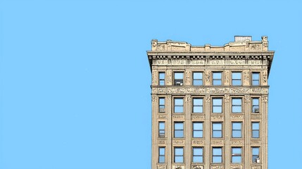 Fototapeta premium City building facade, clear sky, architectural detail, urban scene, real estate