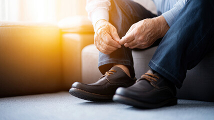 Senior man tying shoelaces on couch in warm sunlight