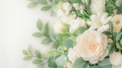 Elegant floral arrangement with white roses and greenery against a soft pastel background