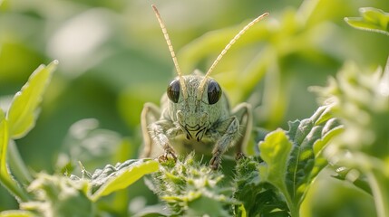 Fototapeta premium Grasshopper Close-up for Green Field, Summer.