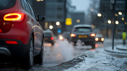 Red Car Exhaust Steam in Snowy City Street at Night