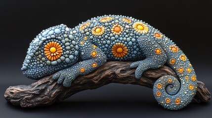 Obraz premium Ornate Chameleon on Branch, Dark Background, Decorative
