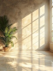 Serene interior bathed in sunlight with potted palm casting shadows on textured wall and marble floor creating a peaceful ambiance
