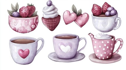 Adorable bubbly anime-style tea set sticker elements with heart-shaped treats, strawberry cups, and polka-dotted teapot design