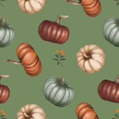 This seamless pattern features pumpkins in shades of green, orange, cream, and brown on a muted green background. Small floral elements add charm, creating an autumnal, Halloweeen 