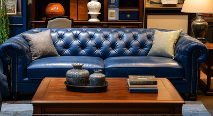 Um sofá de couro azul dentro de um espaço interno, acompanhado por uma mesa de centro de madeira e almofadas decorativas, cria um fundo elegante e convidativo.