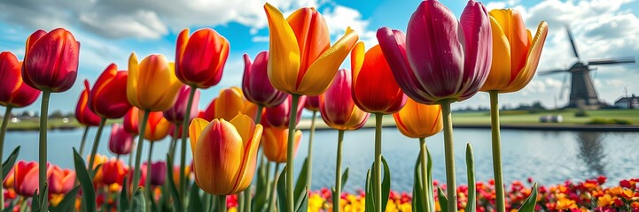 Obraz premium A Vibrant Tulip Garden Under a Bright Sky: Nature's Colorful Symphony