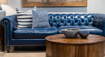 Um sofá de couro azul dentro de um espaço interno, acompanhado por uma mesa de centro de madeira e almofadas decorativas, cria um fundo elegante e convidativo.