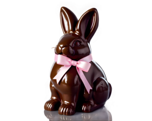 A rich, glossy chocolate Easter bunny with a ribbon around its neck, displayed on a crisp white background with soft lighting.
