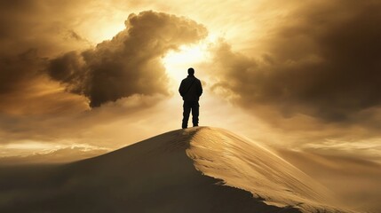 Solitary Figure on a Mountaintop at Sunset