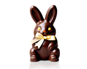 A rich, glossy chocolate Easter bunny with a ribbon around its neck, displayed on a crisp white background with soft lighting.

