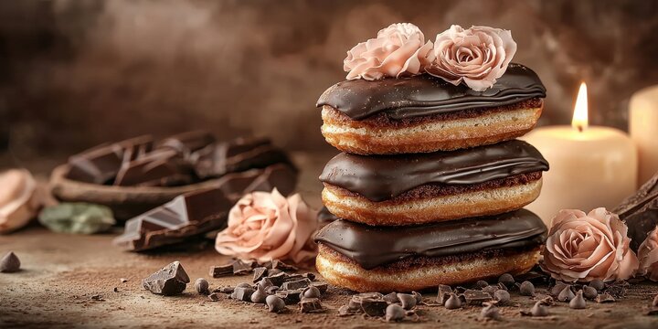 Indue in a cascade of rich chocolate eclairs adorned with beautiful blush roses and surrounded by decadent chocolate shavings