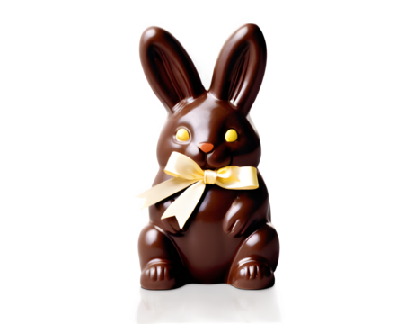 A rich, glossy chocolate Easter bunny with a ribbon around its neck, displayed on a crisp white background with soft lighting.
